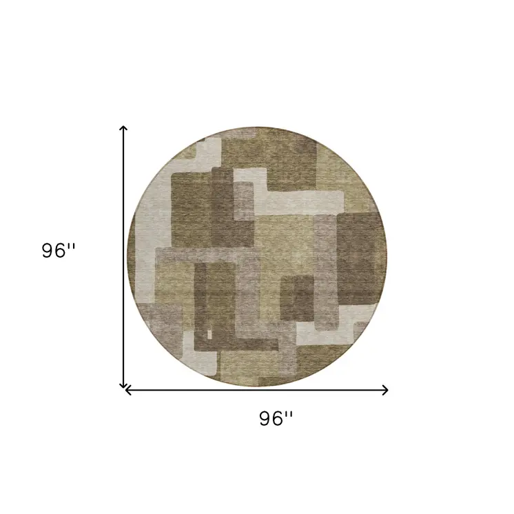 8' Brown And Beige Round Abstract Washable Indoor Outdoor Area Rug