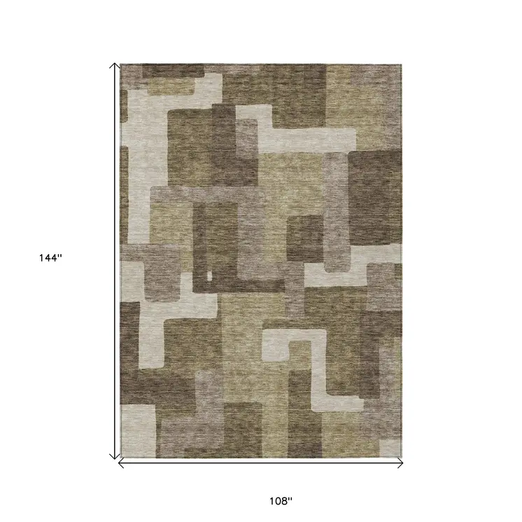 9' X 12' Brown And Beige Abstract Washable Indoor Outdoor Area Rug