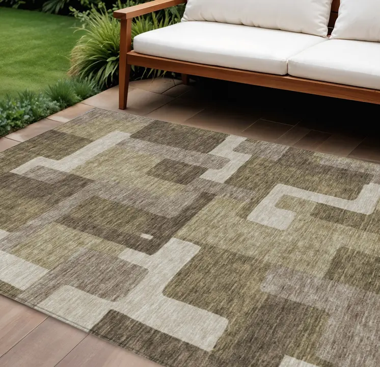 9' X 12' Brown And Beige Abstract Washable Indoor Outdoor Area Rug