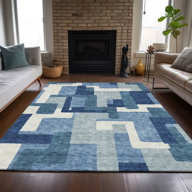 5' X 8' Navy Blue And Sky Blue Abstract Washable Indoor Outdoor Area Rug