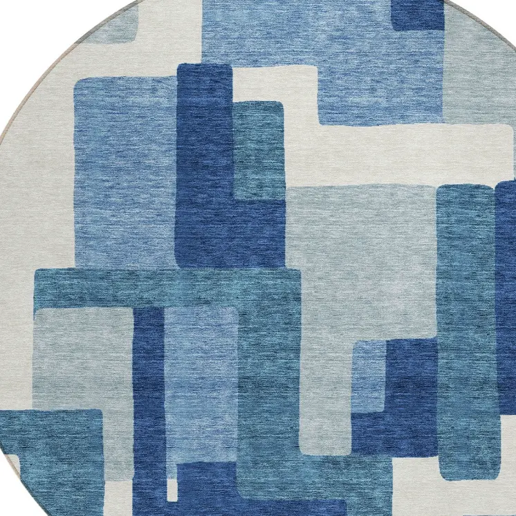 8' Navy Blue And Sky Blue Round Abstract Washable Indoor Outdoor Area Rug