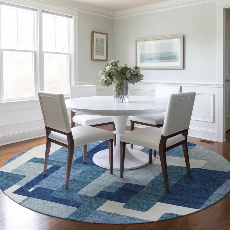 8' Navy Blue And Sky Blue Round Abstract Washable Indoor Outdoor Area Rug