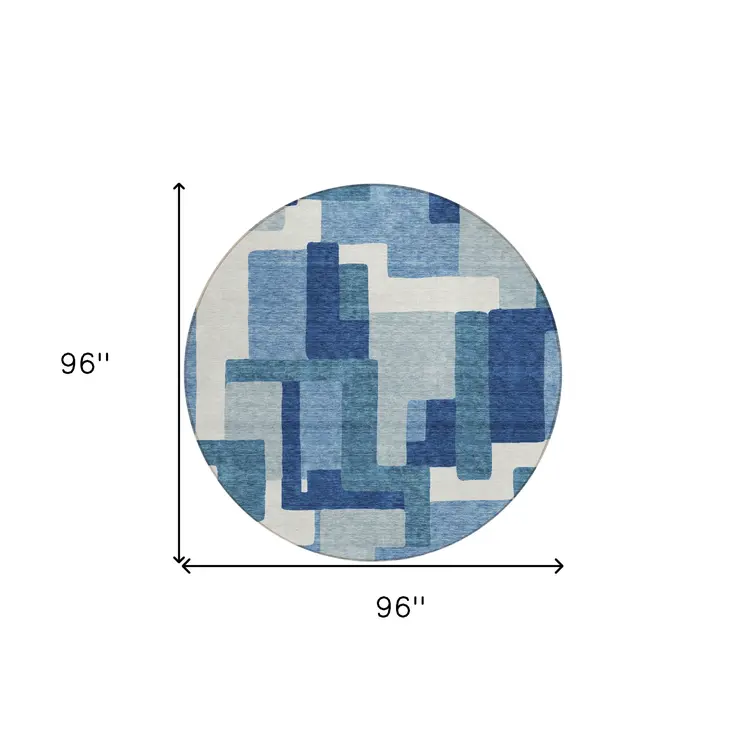 8' Navy Blue And Sky Blue Round Abstract Washable Indoor Outdoor Area Rug