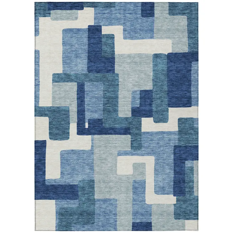 9' X 12' Navy Blue And Sky Blue Abstract Washable Indoor Outdoor Area Rug