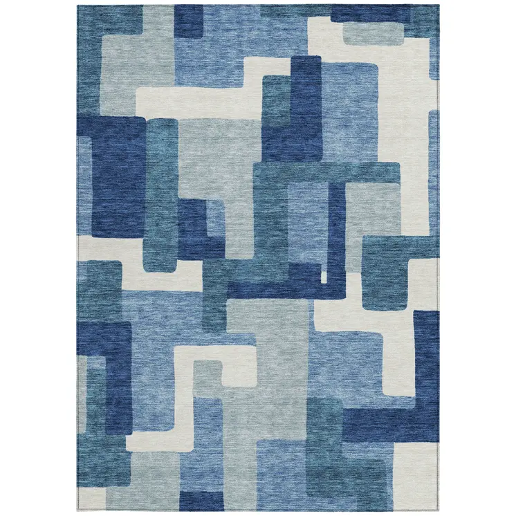 10' X 14' Navy Blue And Sky Blue Abstract Washable Indoor Outdoor Area Rug