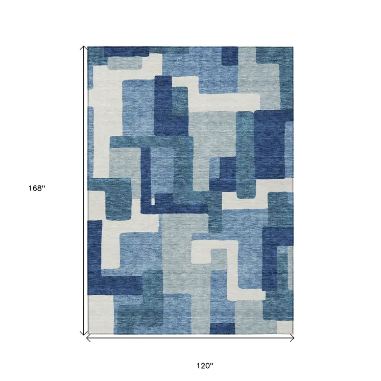 10' X 14' Navy Blue And Sky Blue Abstract Washable Indoor Outdoor Area Rug
