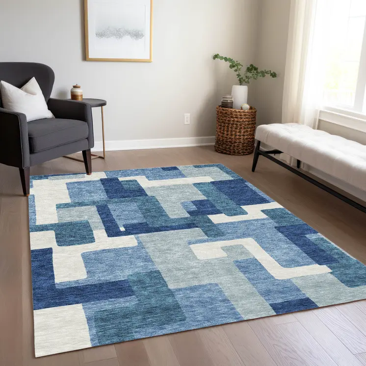 10' X 14' Navy Blue And Sky Blue Abstract Washable Indoor Outdoor Area Rug