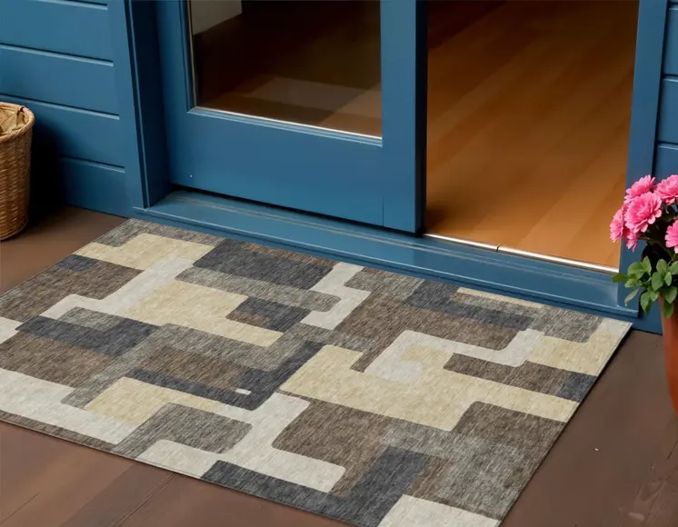 3' X 5' Brown And Taupe Abstract Washable Indoor Outdoor Area Rug