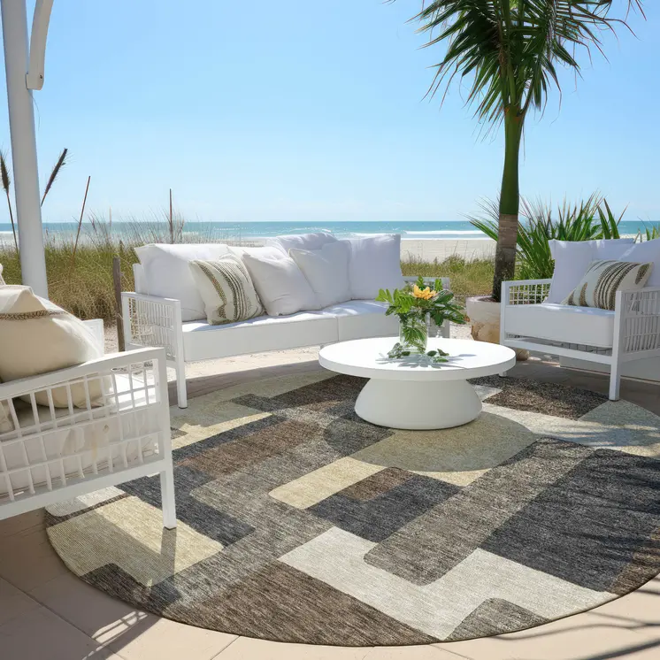 8' Brown And Taupe Round Abstract Washable Indoor Outdoor Area Rug