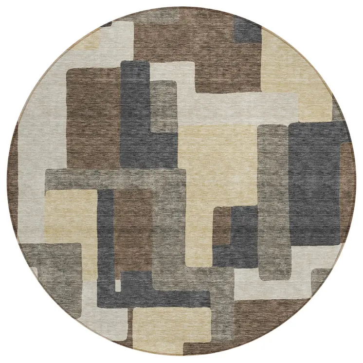 8' Brown And Taupe Round Abstract Washable Indoor Outdoor Area Rug