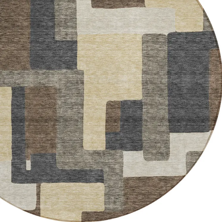 8' Brown And Taupe Round Abstract Washable Indoor Outdoor Area Rug