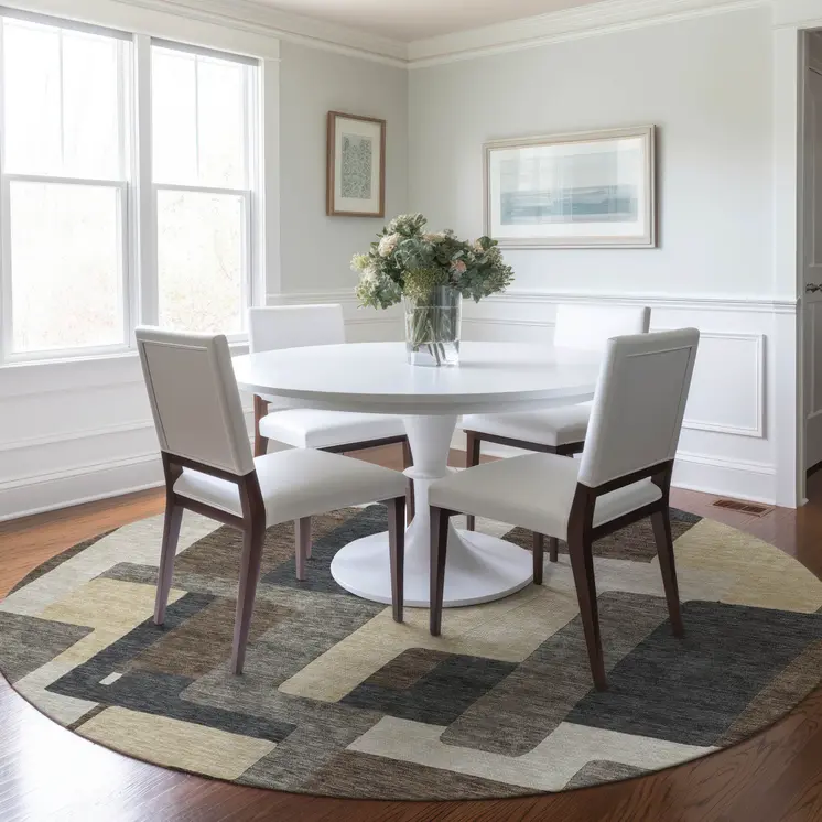 8' Brown And Taupe Round Abstract Washable Indoor Outdoor Area Rug