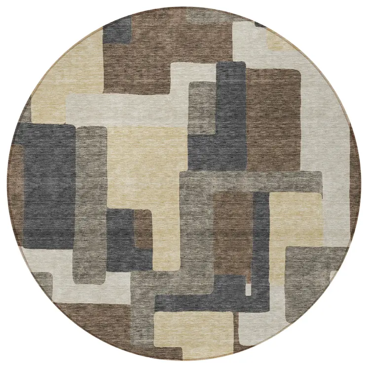 8' Brown And Taupe Round Abstract Washable Indoor Outdoor Area Rug