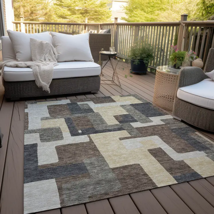 8' X 10' Brown And Taupe Abstract Washable Indoor Outdoor Area Rug
