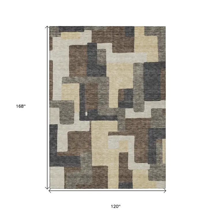 10' X 14' Brown And Taupe Abstract Washable Indoor Outdoor Area Rug