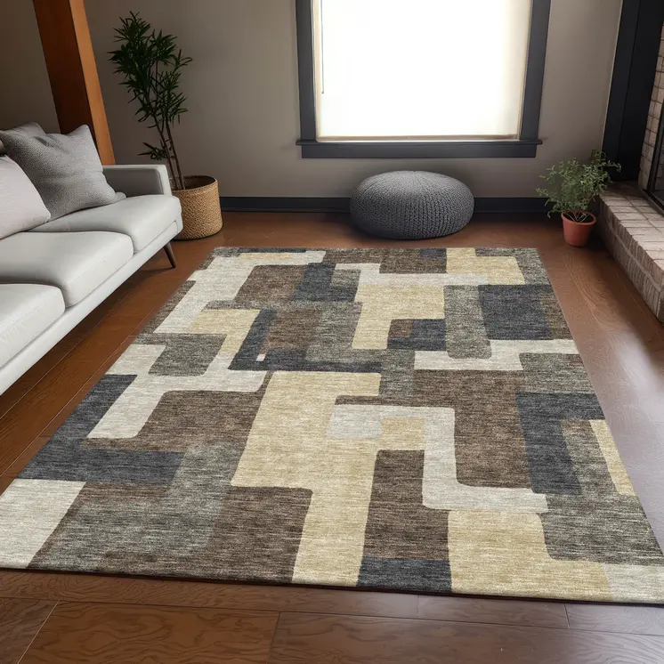 10' X 14' Brown And Taupe Abstract Washable Indoor Outdoor Area Rug