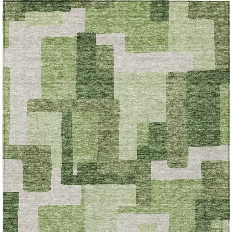 3' X 5' Artichoke Green And Ivory Abstract Washable Indoor Outdoor Area Rug