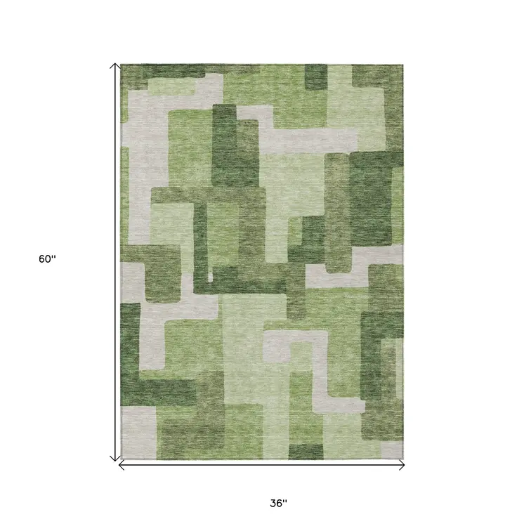 3' X 5' Artichoke Green And Ivory Abstract Washable Indoor Outdoor Area Rug