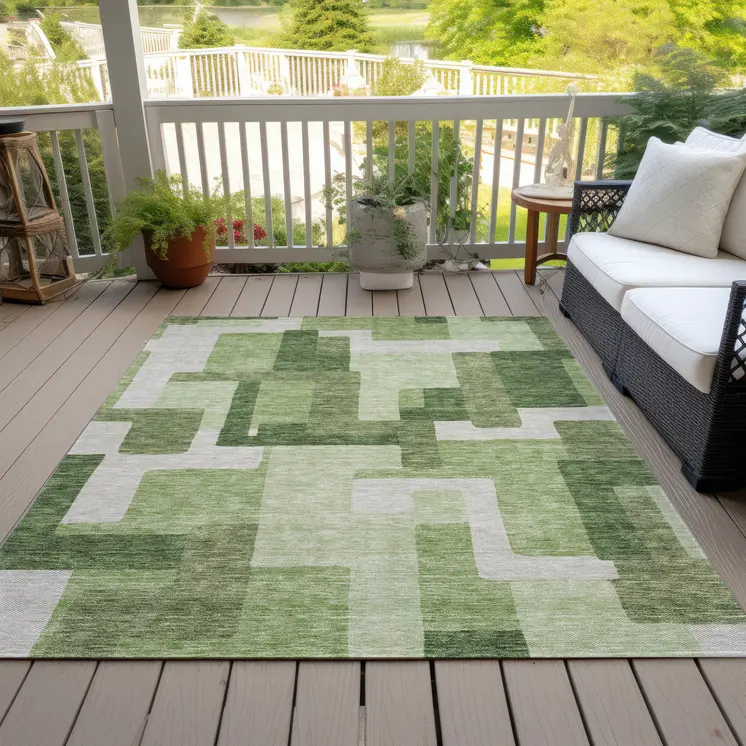 3' X 5' Artichoke Green And Ivory Abstract Washable Indoor Outdoor Area Rug