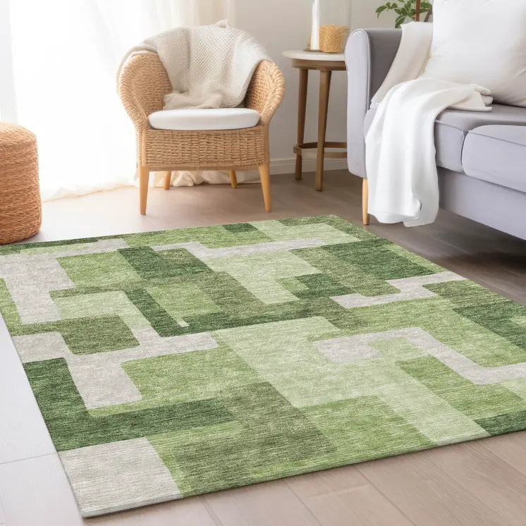 3' X 5' Artichoke Green And Ivory Abstract Washable Indoor Outdoor Area Rug