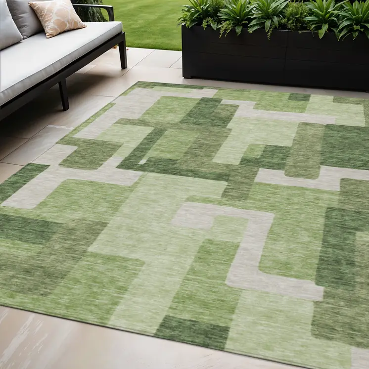 5' X 8' Artichoke Green And Ivory Abstract Washable Indoor Outdoor Area Rug
