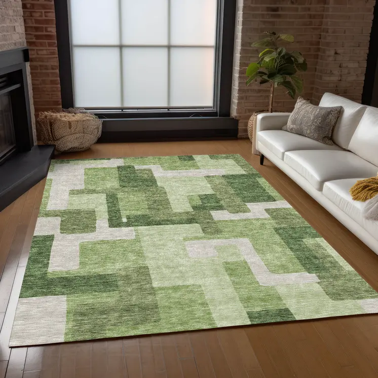 5' X 8' Artichoke Green And Ivory Abstract Washable Indoor Outdoor Area Rug