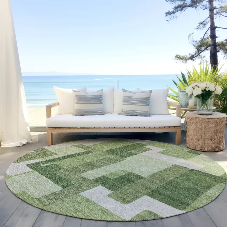 8' Artichoke Green And Ivory Round Abstract Washable Indoor Outdoor Area Rug