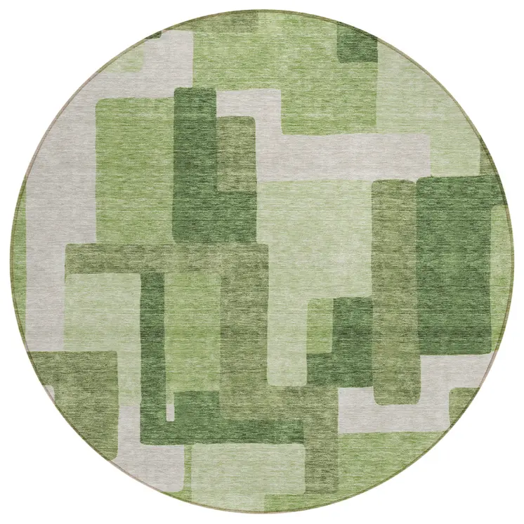 8' Artichoke Green And Ivory Round Abstract Washable Indoor Outdoor Area Rug