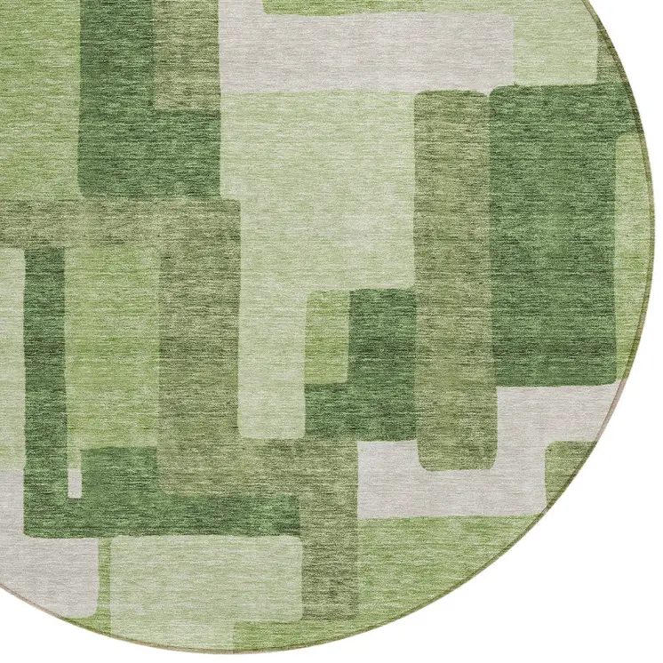 8' Artichoke Green And Ivory Round Abstract Washable Indoor Outdoor Area Rug