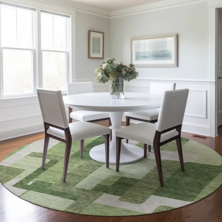 8' Artichoke Green And Ivory Round Abstract Washable Indoor Outdoor Area Rug