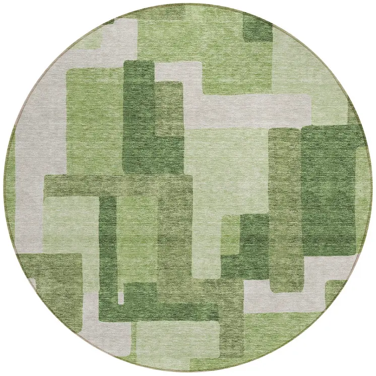 8' Artichoke Green And Ivory Round Abstract Washable Indoor Outdoor Area Rug