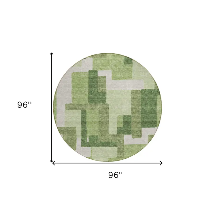 8' Artichoke Green And Ivory Round Abstract Washable Indoor Outdoor Area Rug