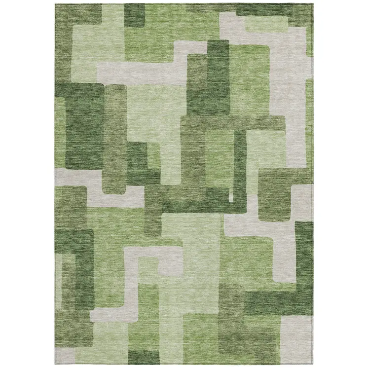 8' X 10' Artichoke Green And Ivory Abstract Washable Indoor Outdoor Area Rug