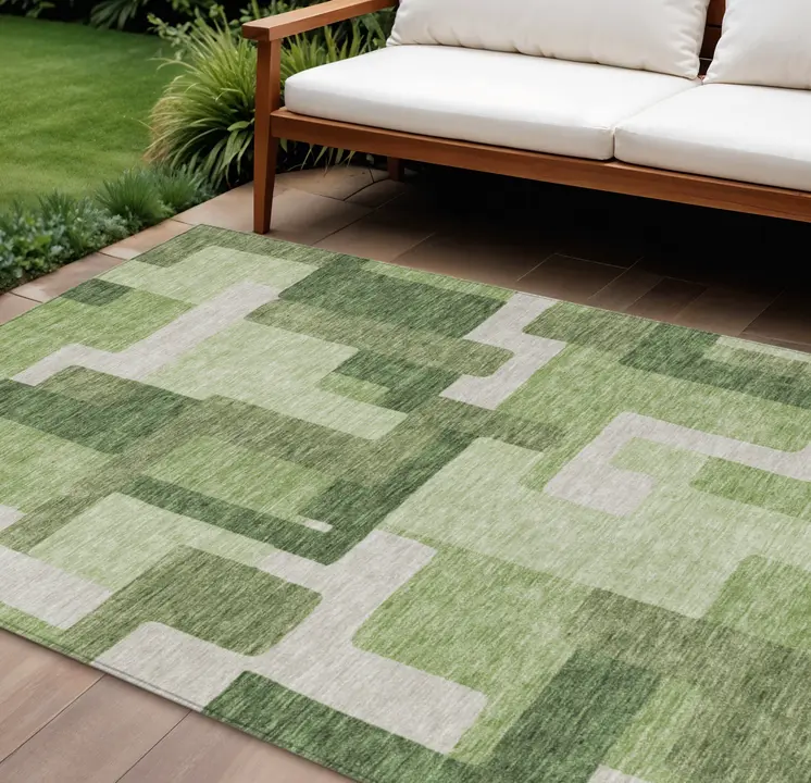 8' X 10' Artichoke Green And Ivory Abstract Washable Indoor Outdoor Area Rug