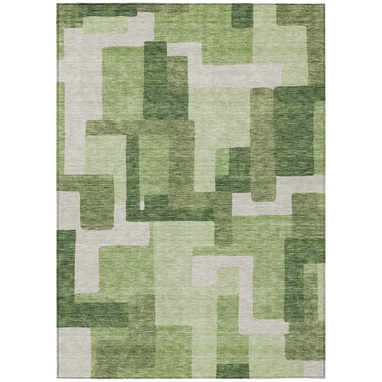 8' X 10' Artichoke Green And Ivory Abstract Washable Indoor Outdoor Area Rug