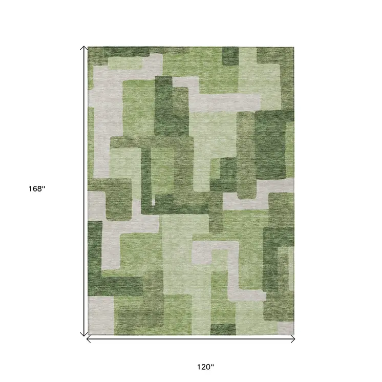 10' X 14' Artichoke Green And Ivory Abstract Washable Indoor Outdoor Area Rug