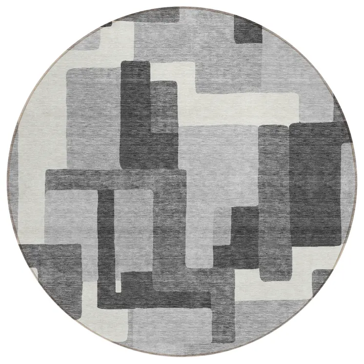 8' Gray Charcoal And Silver Round Abstract Washable Indoor Outdoor Area Rug