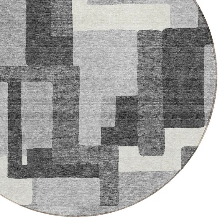 8' Gray Charcoal And Silver Round Abstract Washable Indoor Outdoor Area Rug