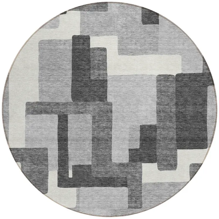 8' Gray Charcoal And Silver Round Abstract Washable Indoor Outdoor Area Rug