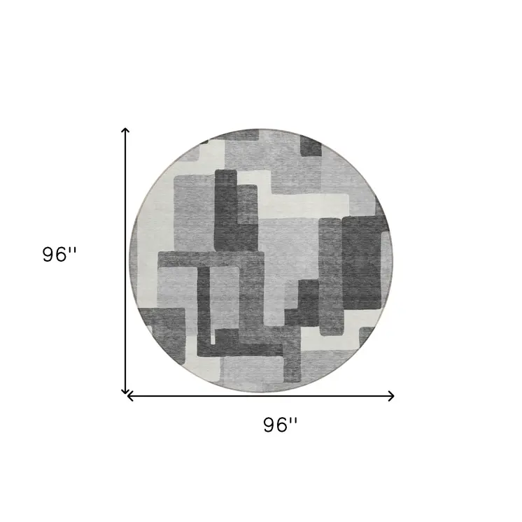 8' Gray Charcoal And Silver Round Abstract Washable Indoor Outdoor Area Rug