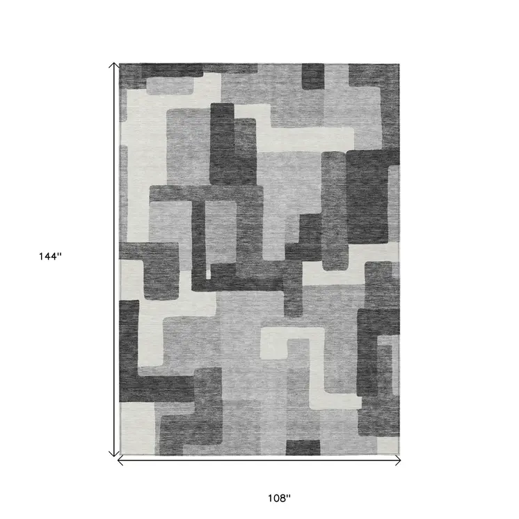 9' X 12' Gray Charcoal And Silver Abstract Washable Indoor Outdoor Area Rug