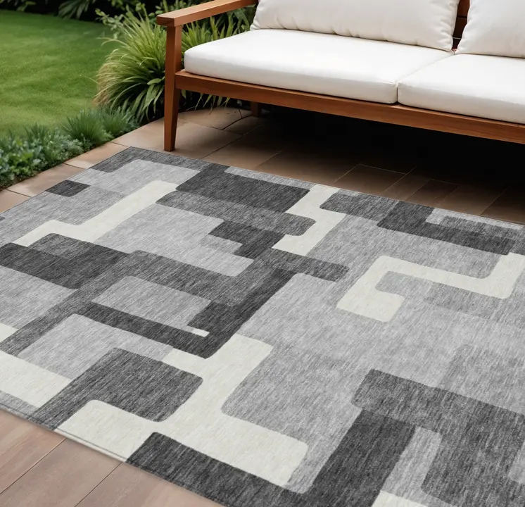 9' X 12' Gray Charcoal And Silver Abstract Washable Indoor Outdoor Area Rug