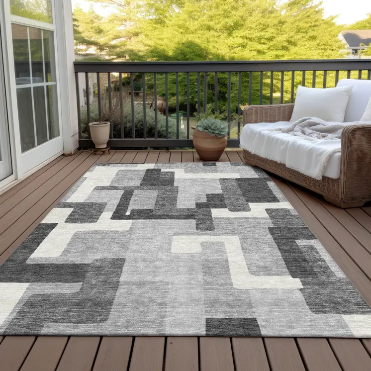 9' X 12' Gray Charcoal And Silver Abstract Washable Indoor Outdoor Area Rug