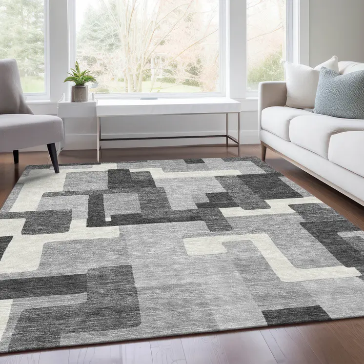 9' X 12' Gray Charcoal And Silver Abstract Washable Indoor Outdoor Area Rug