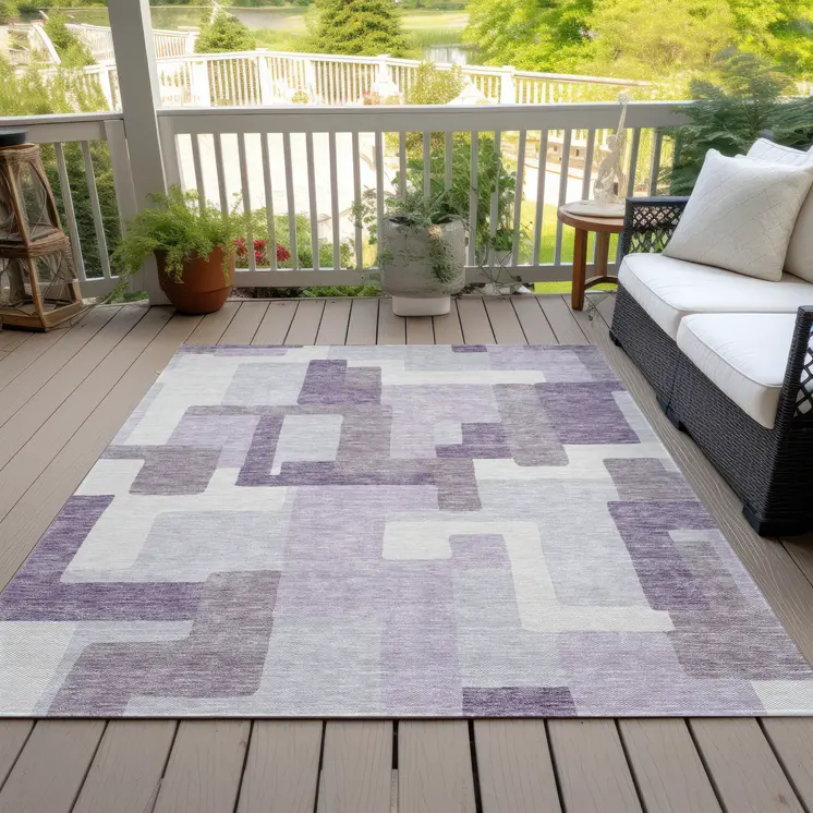 8' X 10' Lavender Purple And Ivory Abstract Washable Indoor Outdoor Area Rug