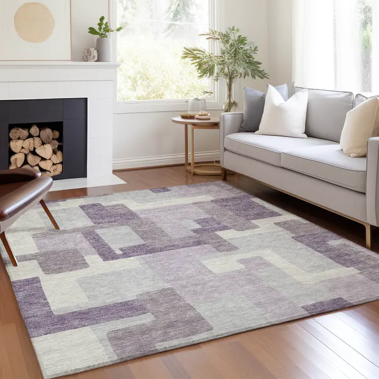 8' X 10' Lavender Purple And Ivory Abstract Washable Indoor Outdoor Area Rug