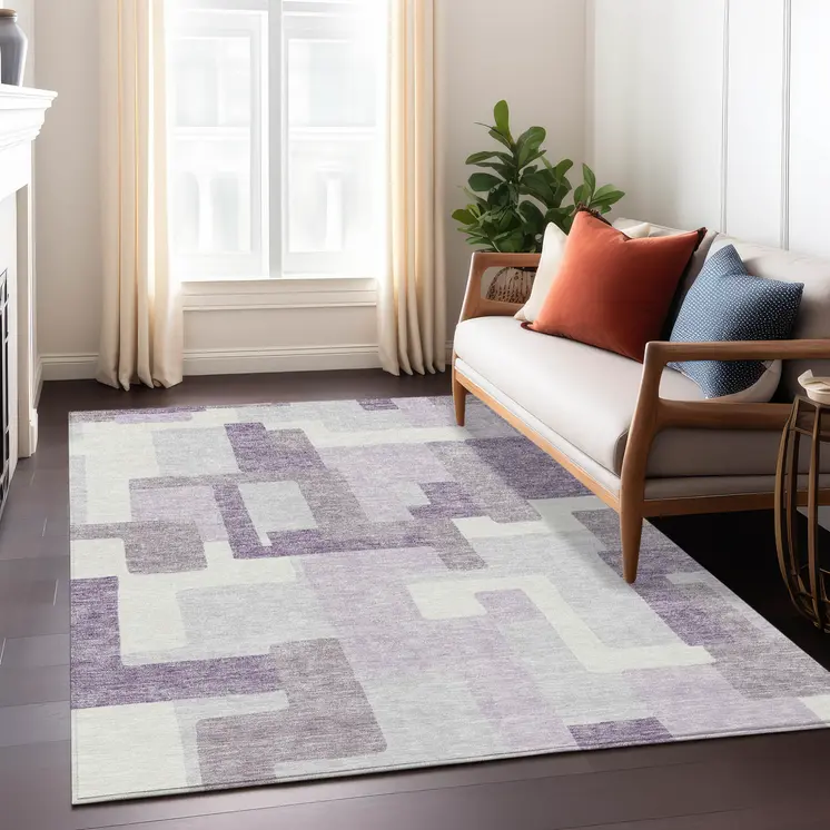 8' X 10' Lavender Purple And Ivory Abstract Washable Indoor Outdoor Area Rug