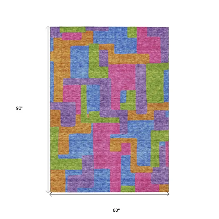 5' X 8' Purple Pink And Blue Abstract Washable Indoor Outdoor Area Rug
