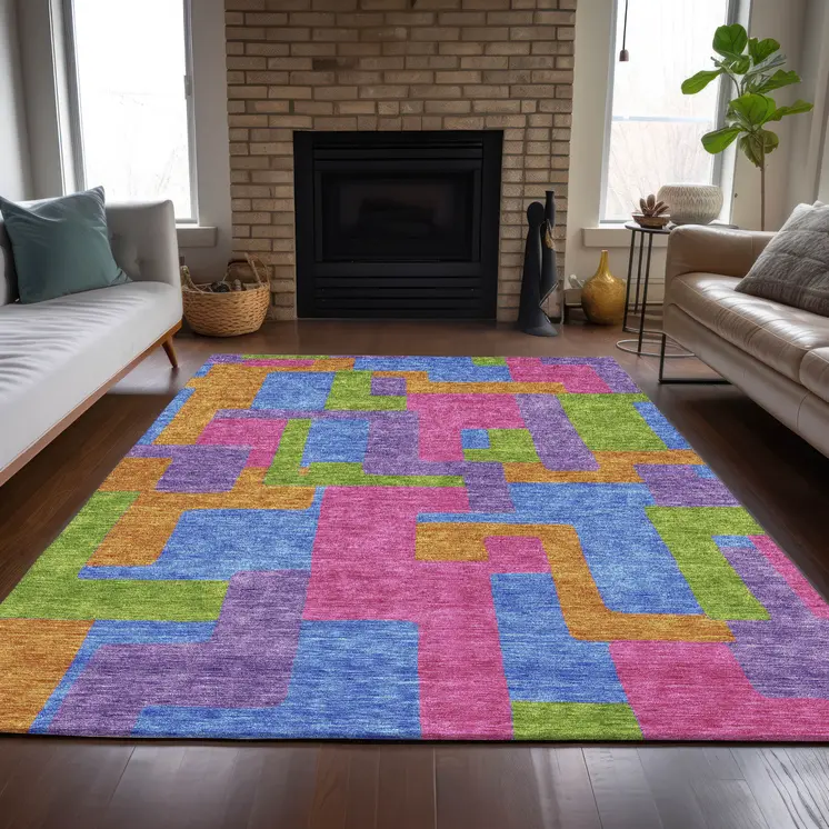 5' X 8' Purple Pink And Blue Abstract Washable Indoor Outdoor Area Rug