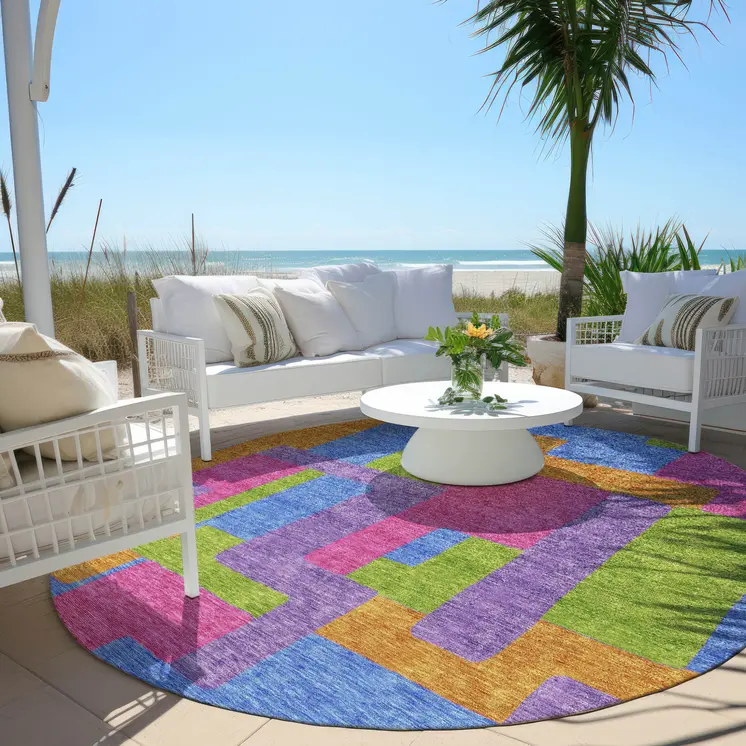 8' Purple Pink And Blue Round Abstract Washable Indoor Outdoor Area Rug